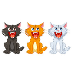 Three Ferocious Cats With Open Mouths