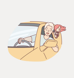 Happy Family Rides In Car Leaning Out Of Windows