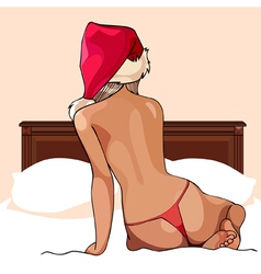 Half Naked Woman Sitting On A Bed In Santa Hats