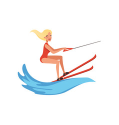 Blonde Woman In Red Swimsuit Riding Waterski