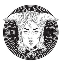 Medusa Gorgon Head On A Meander Shield Hand Drawn