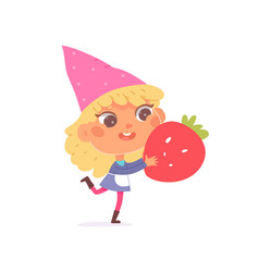 Young Female Garden Gnome Holding Strawberry Cute