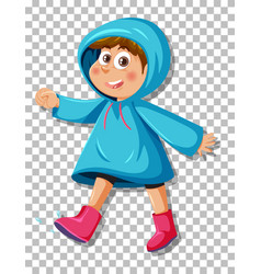 A Boy In Blue Raincoat On Grid Background