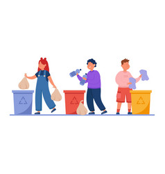 Happy Kids Throwing Trash In Recycle Dustbins