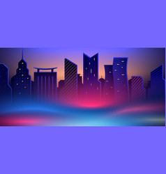 Colorful Night City Foggy Cityscape With Neon