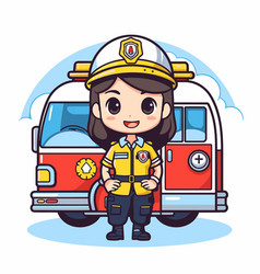 Cute Cartoon Fireman Girl With Fire Truck