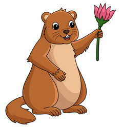 Groundhog Holding Flower Cartoon Colored Clipart