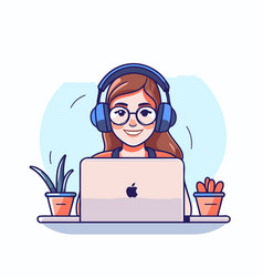 Young Woman With Laptop And Headphones In Cartoon