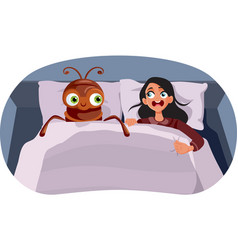 Scared Woman Resting Next To A Giant Bed Bug