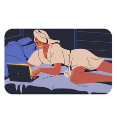 Woman Lying On Bed With Laptop Computer Surfing