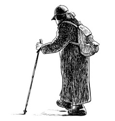 Hand Drawing Of Old Poor Woman With Cane Walking