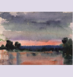 Watercolor Landscape Lake In Calm Weather