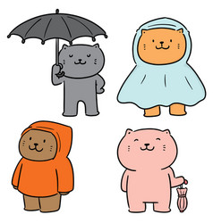 Set Cat Use Umbrella And Raincoat