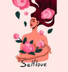 Self Love Concept Happy Woman Holds Blooms Rose