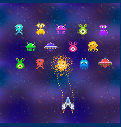 Cute Space Invaders In Pixel Art Style On Deep