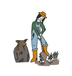 Cute Doodle Garden Woman Work With Shovel