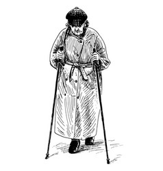 Sketch Of Casual Old Woman With Norwegian Sticks