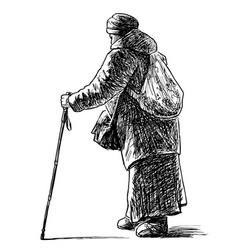 Sketch Of Old Poor Woman With Cane Walking Along