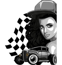 Hot Rod Car With Head Girl And Race Flag