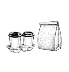 Coffee Cups In Carrier And Paper Bag