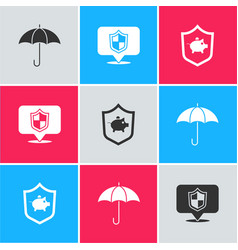 Set Umbrella Location Shield And Piggy Bank