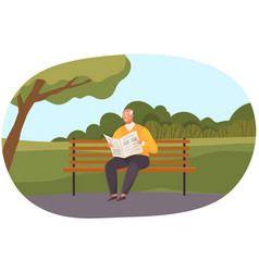 Old Man Sits On Bench In Park And Reads Newspaper