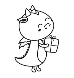 Outline Cartoon Dragon With Gift