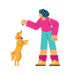 Smiling Young Woman Teaching Dog Do Commands Using