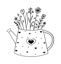 Watering Can With Different Flower Hand Drawn