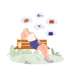 Female Dream In Park Flat Cartoon Woman On Bench