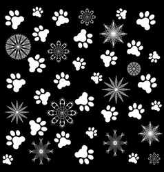 Dog Paw Prints And Snowflakes