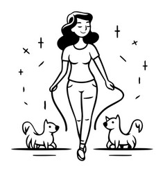 A Woman Walking With Her Dogs Cartoon Style