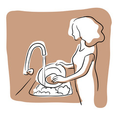 Woman Washing Dishes Line Art