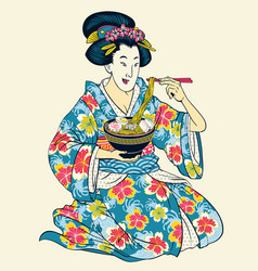 Japanese Geisha In Kimono Eating Ramen