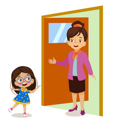 Teacher Welcoming Her Student In Front Of The Door