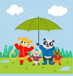 Animals At Spring Rain Cute Panda Leopard Mouse