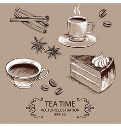 Ink hand drawn sketch style tea set Royalty Free Vector