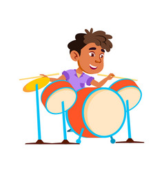 Boy Kid Playing Rock And Roll On Drum Kit