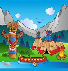 Indian Village With Totem And Canoe