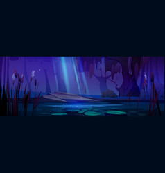 Cartoon Pond With Cattails At Night