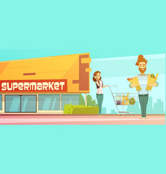 Supermarket Shopping Outdoor Retro Cartoon Poster