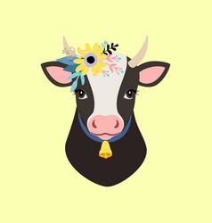 Portrait Of A Cow With Flower Wreath And Bell