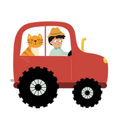 Boy Farmer And Cat Driving On The Tractor