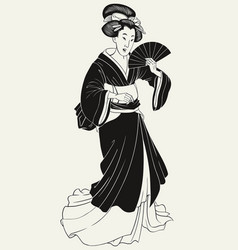 Vintage Japanese Geisha Holding Traditional Fan