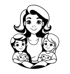 Mother With Children Happy Family In Cartoon Style