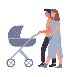 Young Couple Parents Walking With Baby Carriage