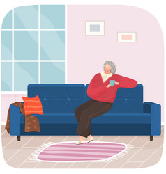 Adult Woman Sitting On Couch At Home Drinking