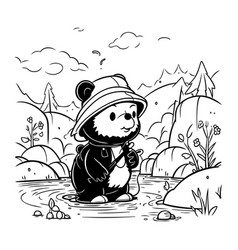 Cute Cartoon Panda In The Forest For Coloring Book