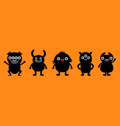 Cute Monster Set Line Happy Halloween Black