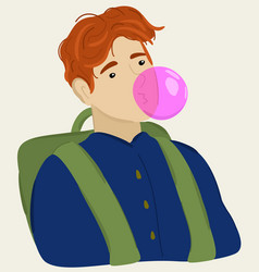 A Boy With Backpack Chewing A